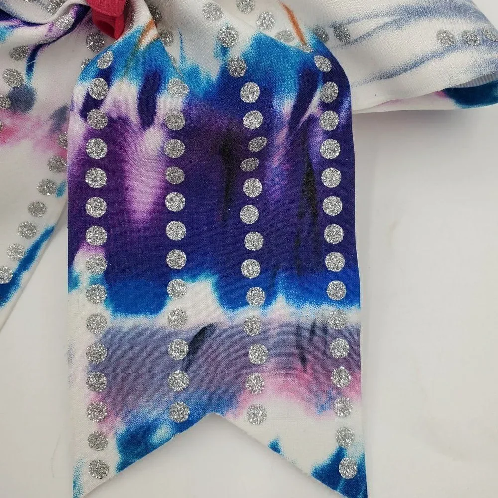 Cheer Hair Bow Pony Holder Blue White Purple Tie Dye With Silver Glitter Dots - Picture 2 of 3